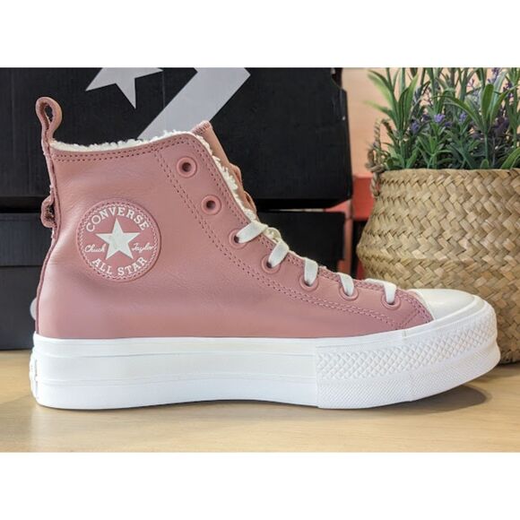 Converse CTAS Lift Platform Sherpa Lined Rust Pink Leather Hi Tops Size 9.5 NIB - Picture 9 of 12